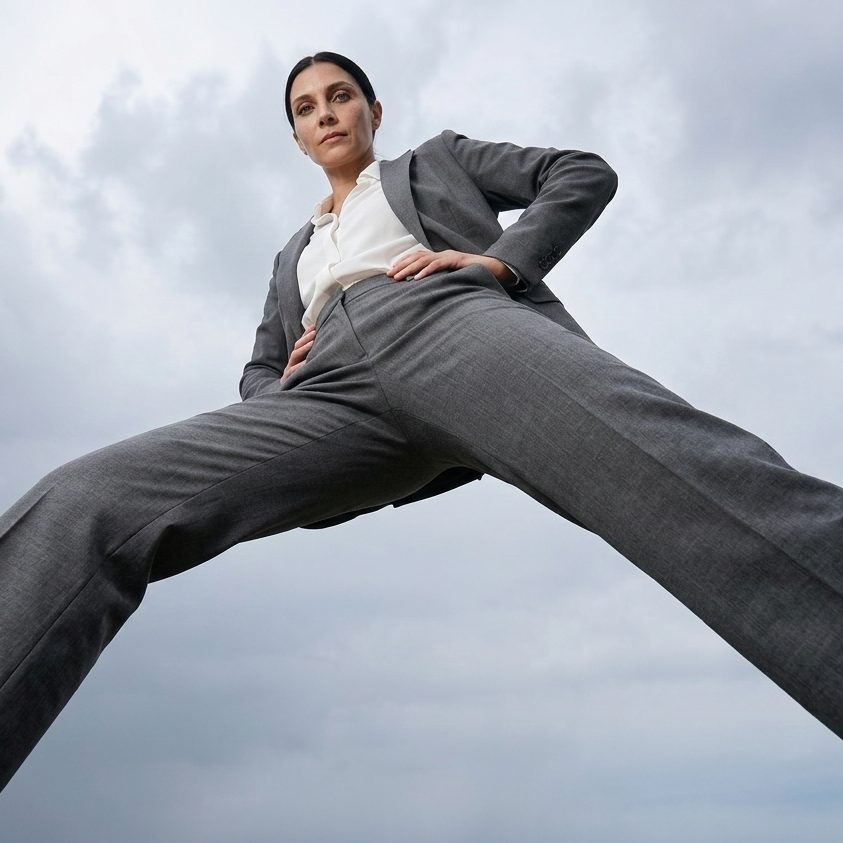 Immagine di moda generata con AI: donna in completo grigio ripresa dal basso