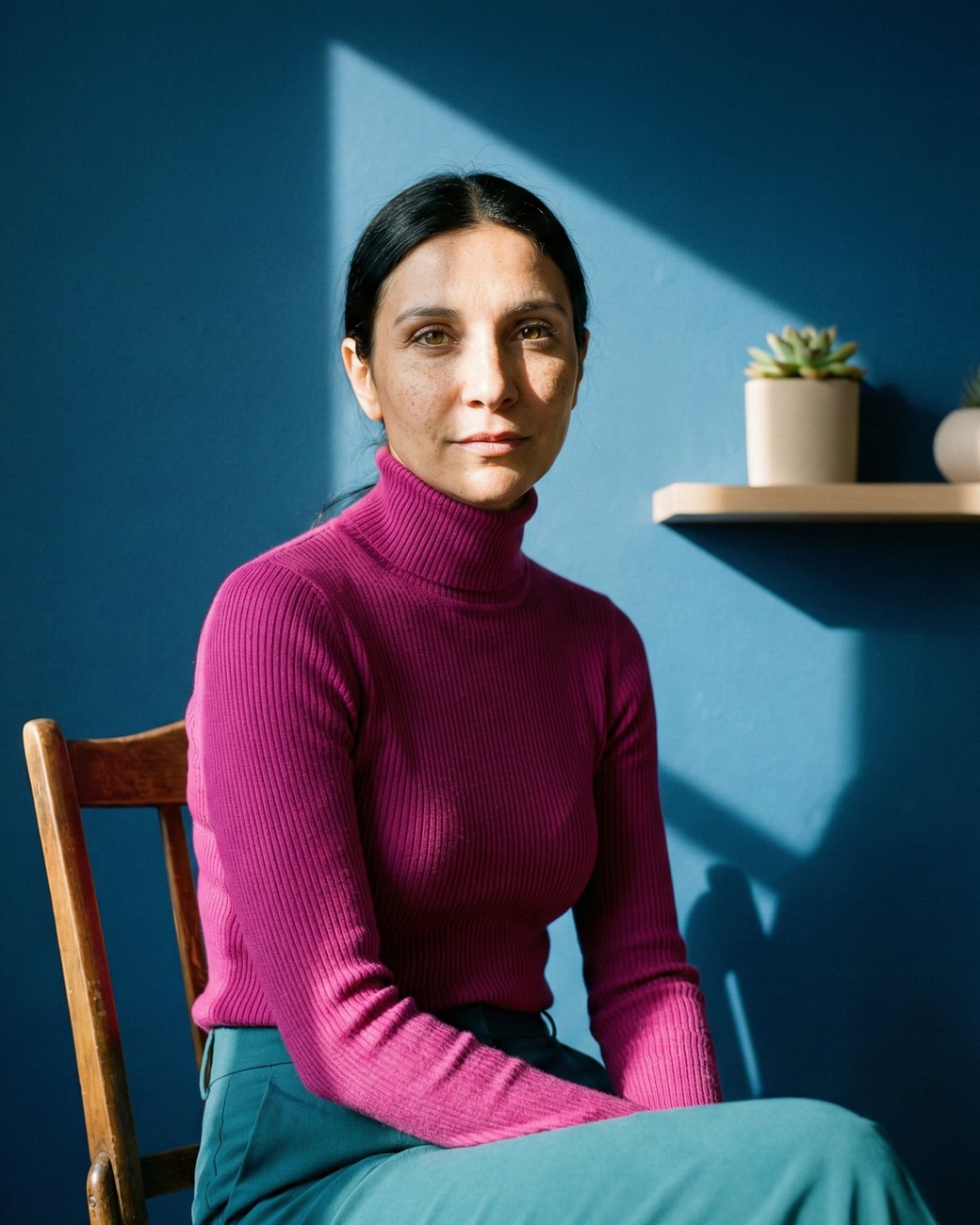 Ritratto generato con AI: donna con maglione magenta su una sedia contro un muro blu