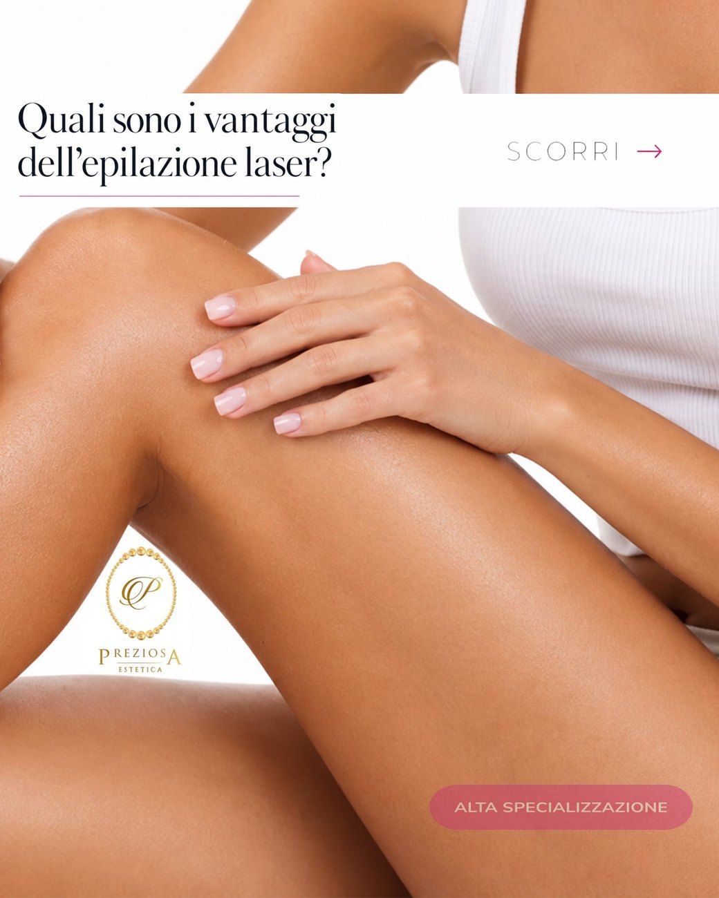 Slide 1: Quali sono i vantaggi dell'epilazione laser? Gamba e logo del centro