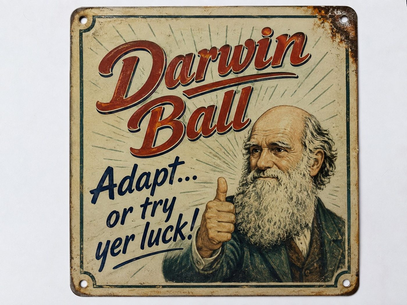 Darwin Ball: insegna vintage con Darwin, Adapt or try your luck